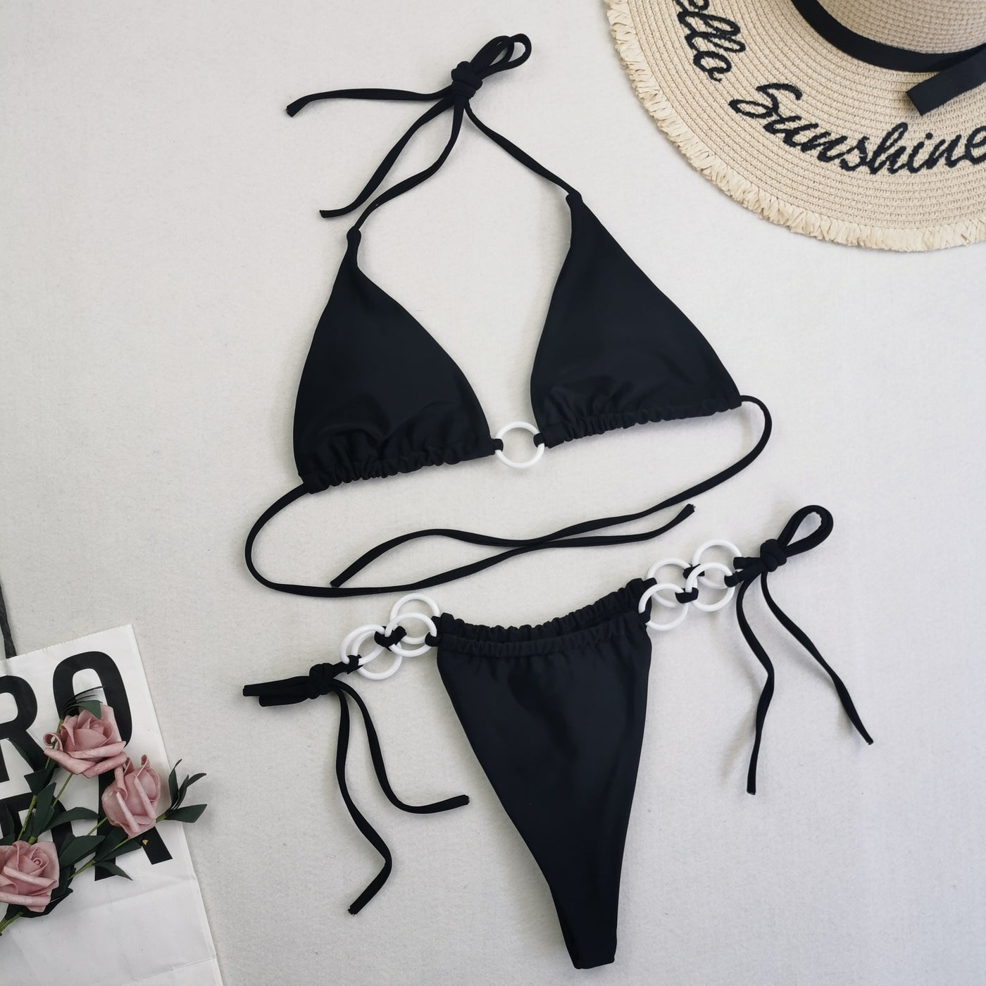 Split Bikini Double Fabric Lace-up Swimwear Black mesjo