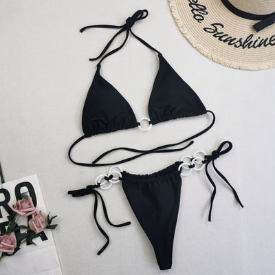 Split Bikini Double Fabric Lace-up Swimwear Black mesjo