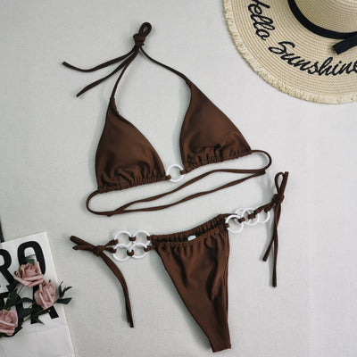 Split Bikini Double Fabric Lace-up Swimwear Coffee mesjo