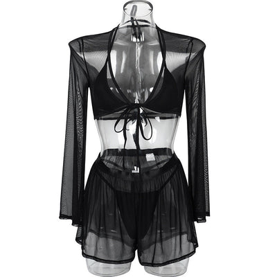 Solid Color Sling Bikini Set With Top Cover and Skirt mesjo