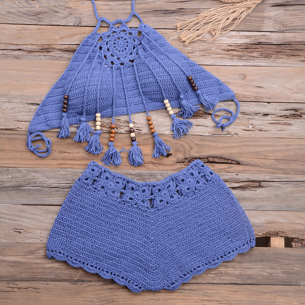 Handmade Tassel Dangling Beads Two Piece Bikini Beachwear Blue mesjo
