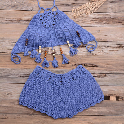 Handmade Tassel Dangling Beads Two Piece Bikini Beachwear Blue mesjo