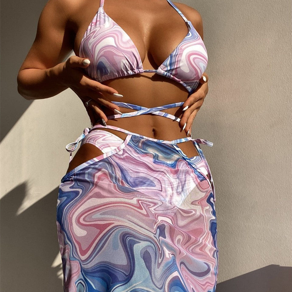 Tie Dye Three Piece Bikini with Skirt Beachwear Lavender mesjo