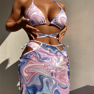 Tie Dye Three Piece Bikini with Skirt Beachwear Lavender mesjo