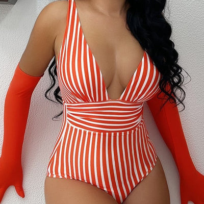 One-piece Stripes V Neck Swimsuit Multi-color Beahwear Swimwear mesjo