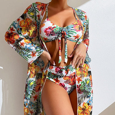 Long Floral Split Bikini With Blouse Beachwear mesjo