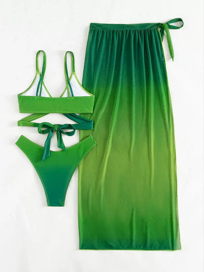 Green Gradient Bikini with Skirt Three Piece Beachwear Swimwear Green Gradient mesjo