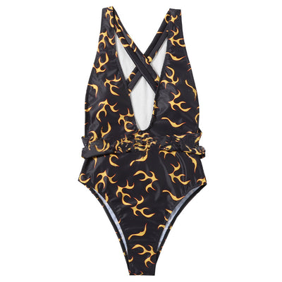 Flame Stripe V neck Cross Back One-piece Beachwear Flame Pattern mesjo