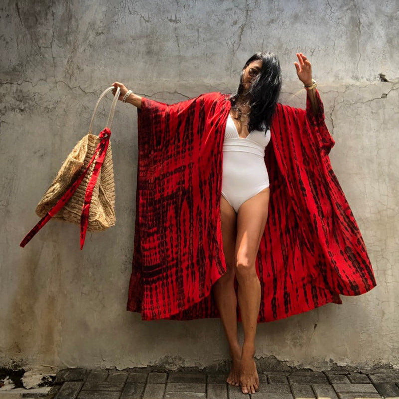 Boho Printed Cover-up Fringed Cardigan Tunic Beachwear Red One size mesjo