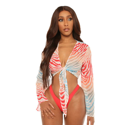 Thong Bikini With Blouse Top Beachwear Swimwear Red & Blue mesjo