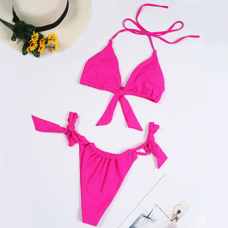 Split Tie Knot Multicolor Halter Neck Bikini Beachwear Rose Red mesjo