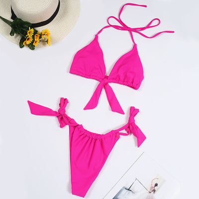 Split Tie Knot Multicolor Halter Neck Bikini Beachwear Rose Red mesjo