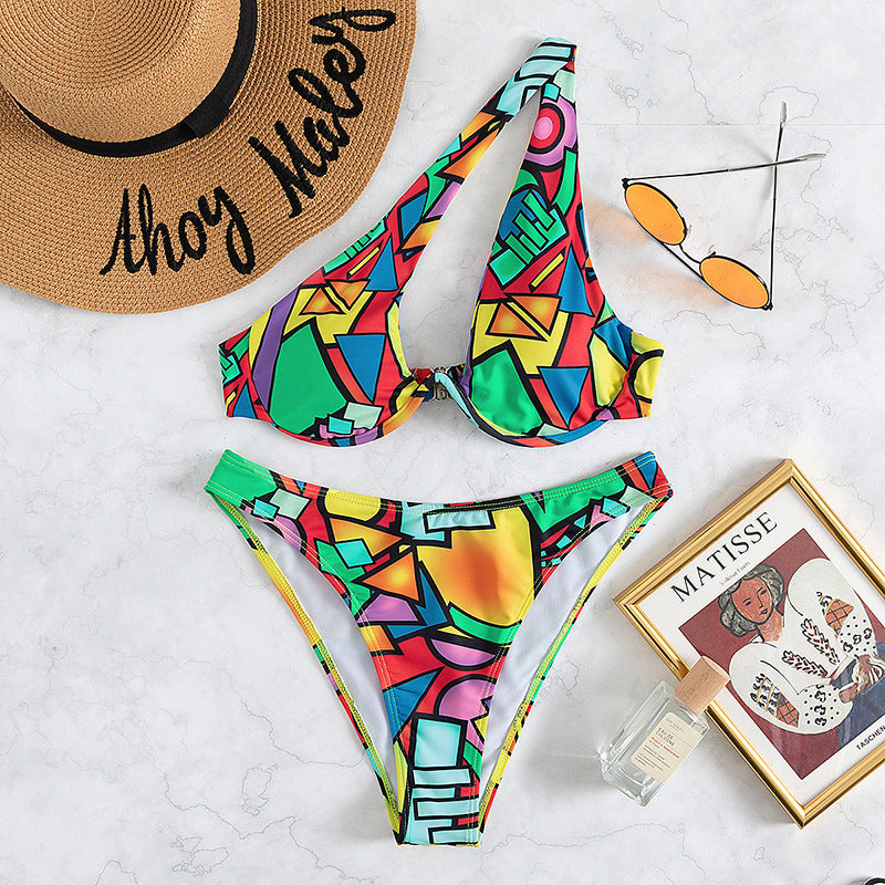 Split One Shoulder Block Print Bikini Beachwear Swimwear mesjo