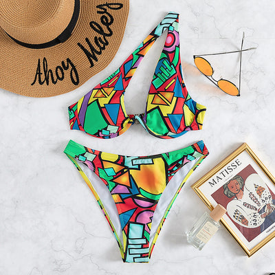 Split One Shoulder Block Print Bikini Beachwear Swimwear mesjo