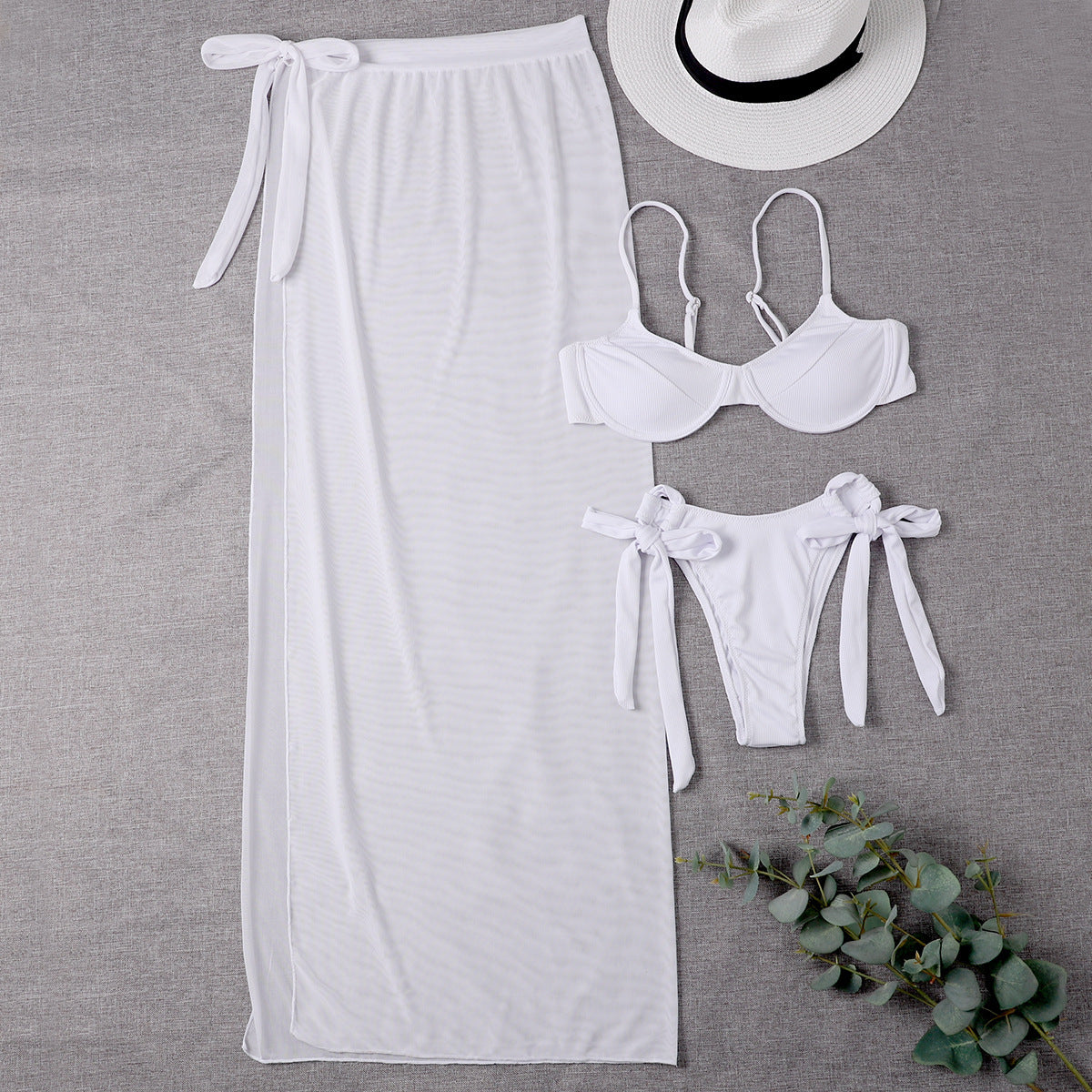 Three Piece Mesh Bikini With Skirt Beachwear Swimwear White mesjo