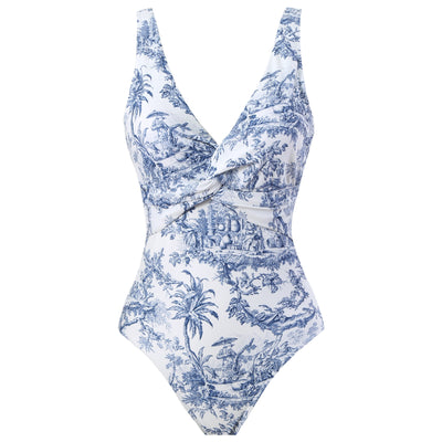 One-piece Printed Swimsuit Slimming Backless with Bottom Blue one piece garment mesjo