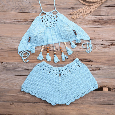Handmade Tassel Dangling Beads Two Piece Bikini Beachwear Sky Blue mesjo