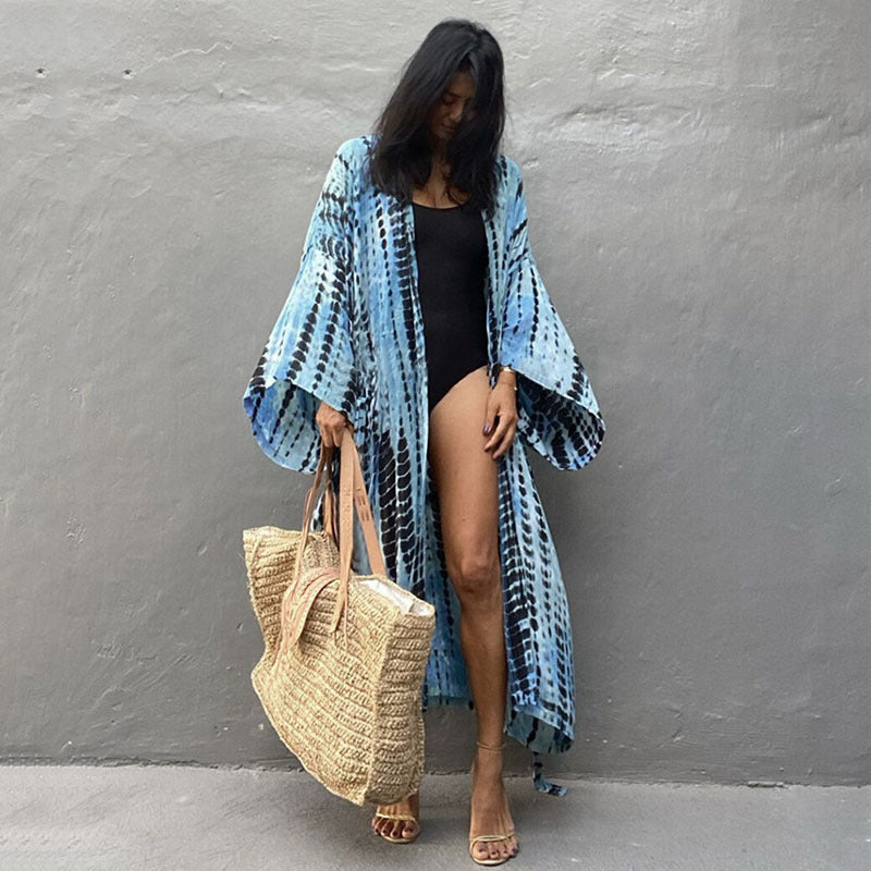 Printed Loose Sun Protection Cover up Blouse Beachwear Blue Average Size mesjo