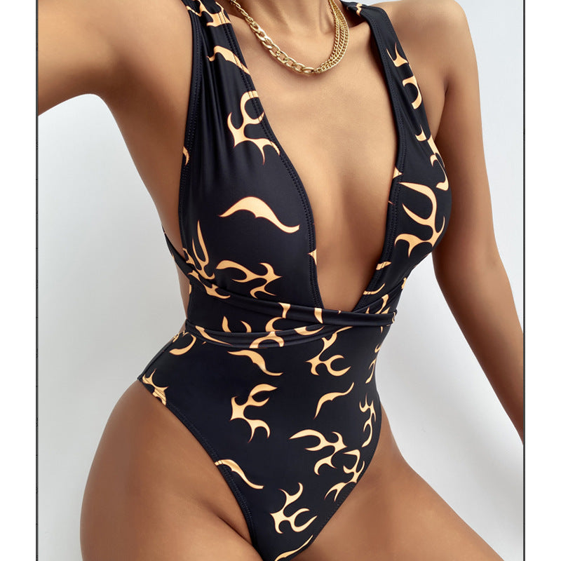 Flame Stripe V neck Cross Back One-piece Beachwear mesjo