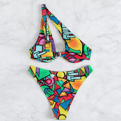 Split One Shoulder Block Print Bikini Beachwear Swimwear mesjo