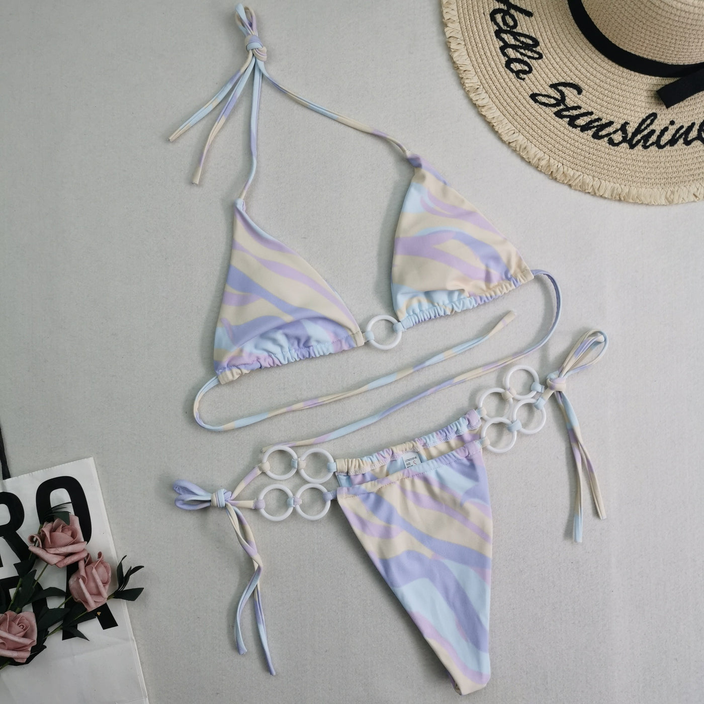 Split Bikini Double Fabric Lace-up Swimwear Purple stripes mesjo