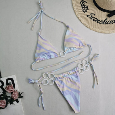 Split Bikini Double Fabric Lace-up Swimwear Purple stripes mesjo
