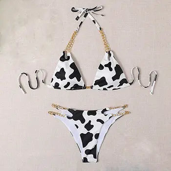 Chain Side Printed Bikini Set Swinwear Black Flowers