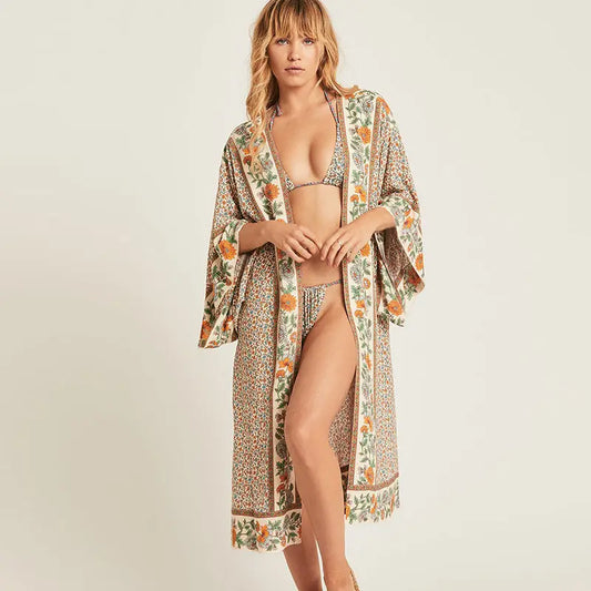 Cotton Beach Cover up Print Kaftan Robe Beachwear 1style One size fits all