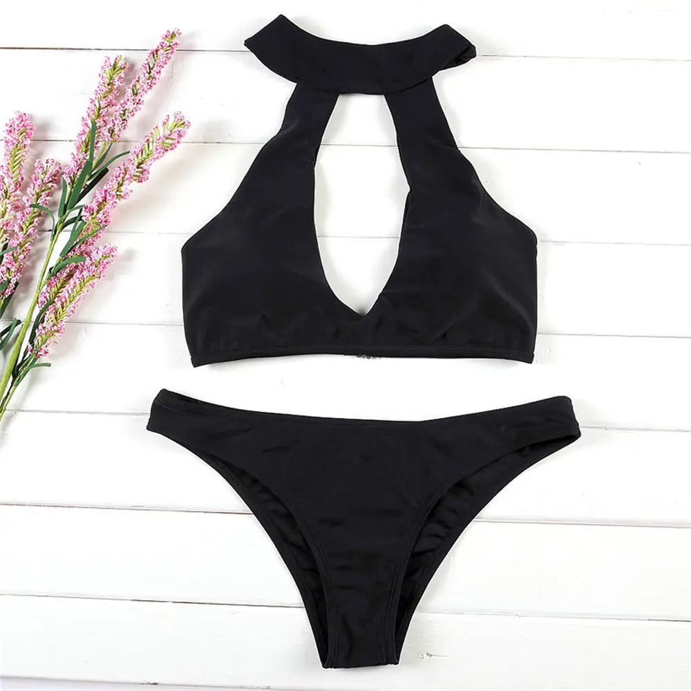 Cross Neck Solid Color Bikini Beachwear Black