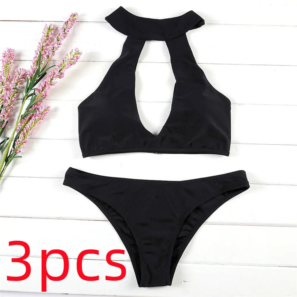 Cross Neck Solid Color Bikini Beachwear 3pcs Black