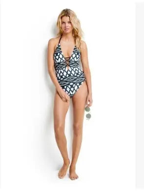 European Diamond Shaped Print One Piece Swimwear Black and White