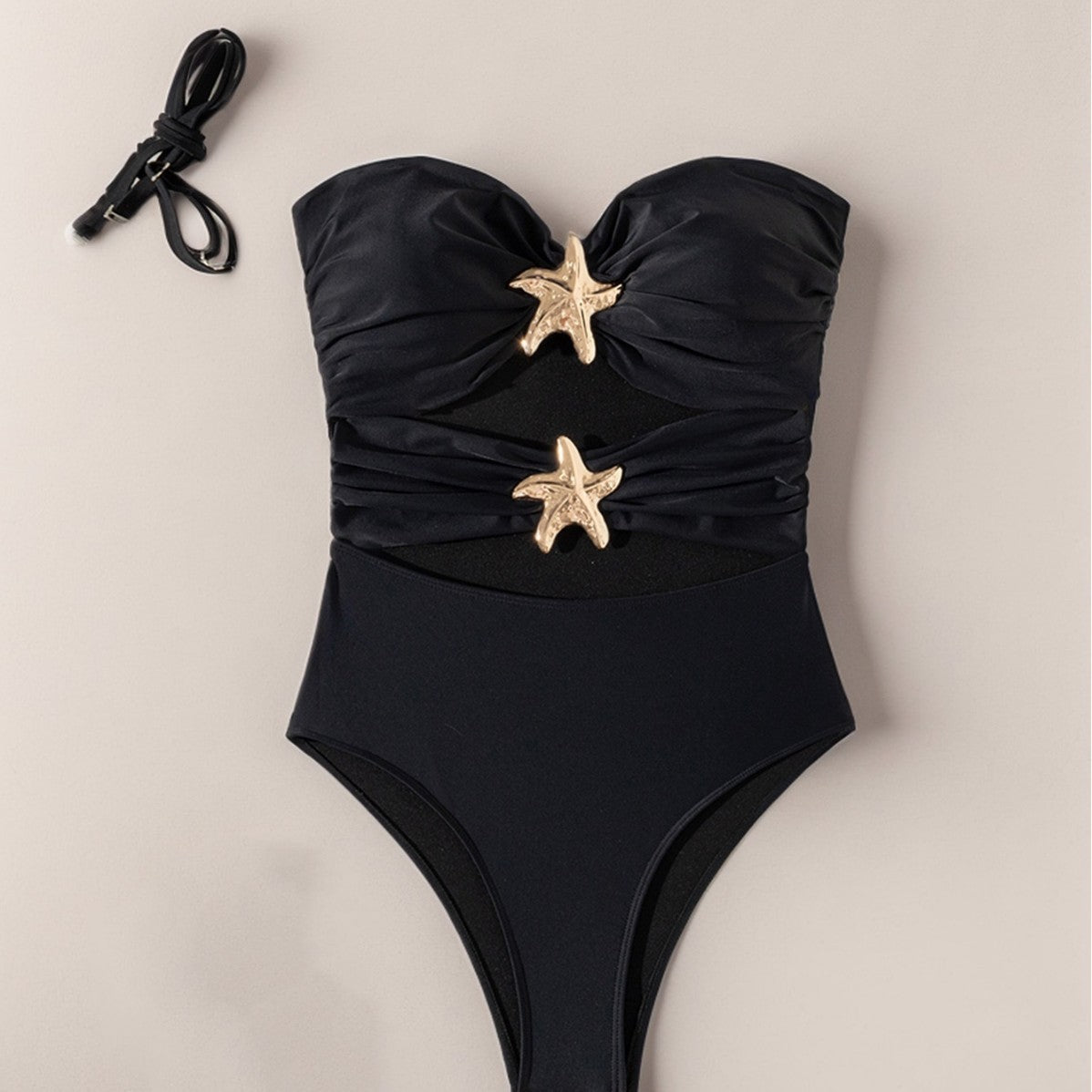 Solid Color Strap Tube Top Two Wear Siamese Bikini One Piece Black mesjo