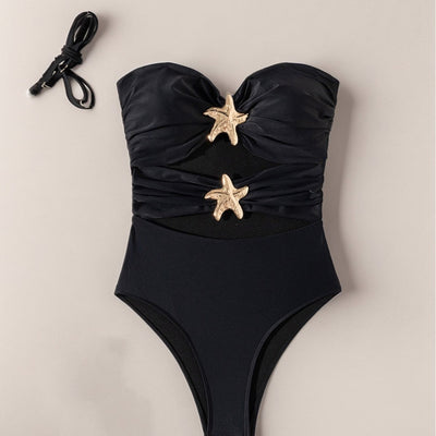 Solid Color Strap Tube Top Two Wear Siamese Bikini One Piece Black mesjo