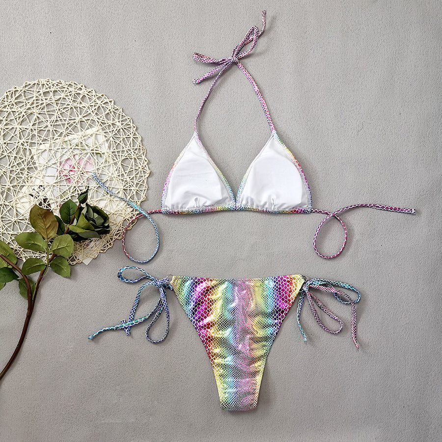 Gradient Snake Print Leather Cloth Triangle Banded Bikini mesjo