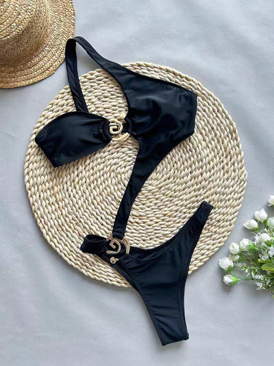 Cross Shoulder Personalized Printed Bikini Black mesjo