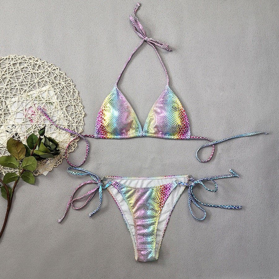 Gradient Snake Print Leather Cloth Triangle Banded Bikini Gradient Pattern mesjo