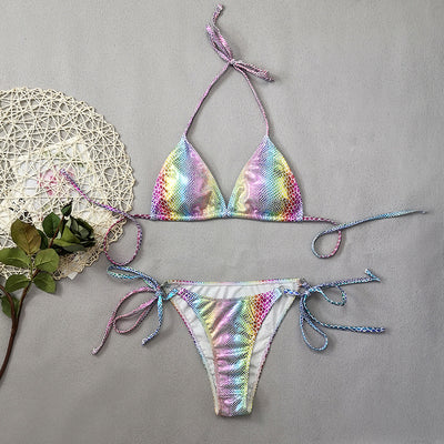 Gradient Snake Print Leather Cloth Triangle Banded Bikini Gradient Pattern mesjo