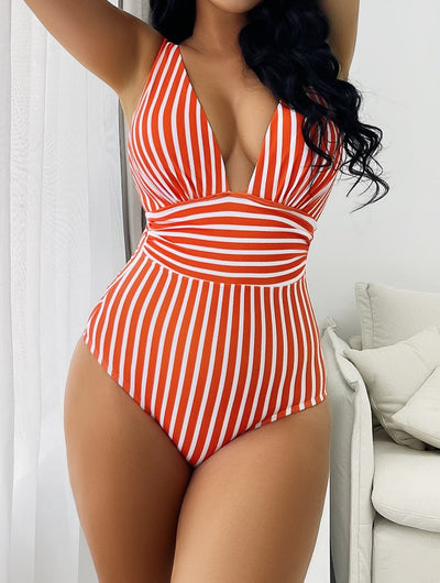 One-piece Stripes V Neck Swimsuit Multi-color Beahwear Swimwear Orange Stripes mesjo
