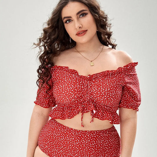 Off Shoulder Plus Size Split Bikini Red