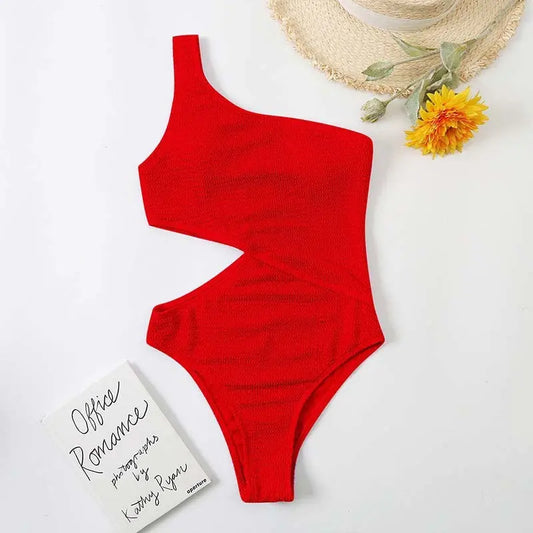 One Shoulder Swimsuit One Piece Bikini Solid Color Red