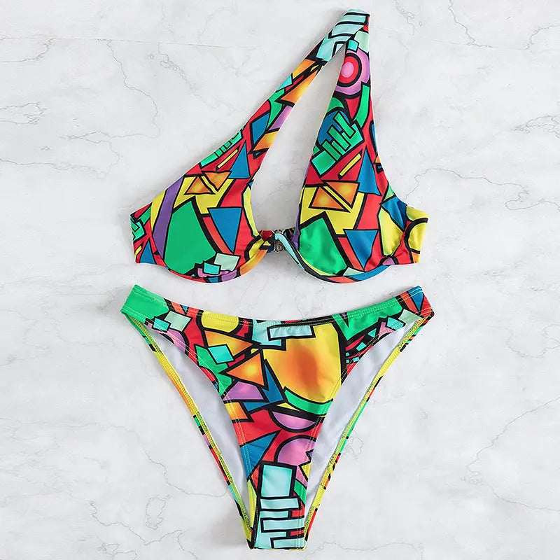 Printed Split Swimsuit Bikini Lace Up Printing