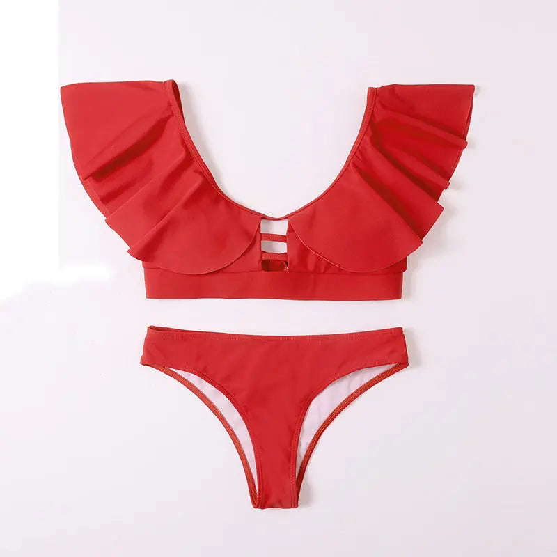 Ruffle Solid Tie Bikini Split Swimwear Red