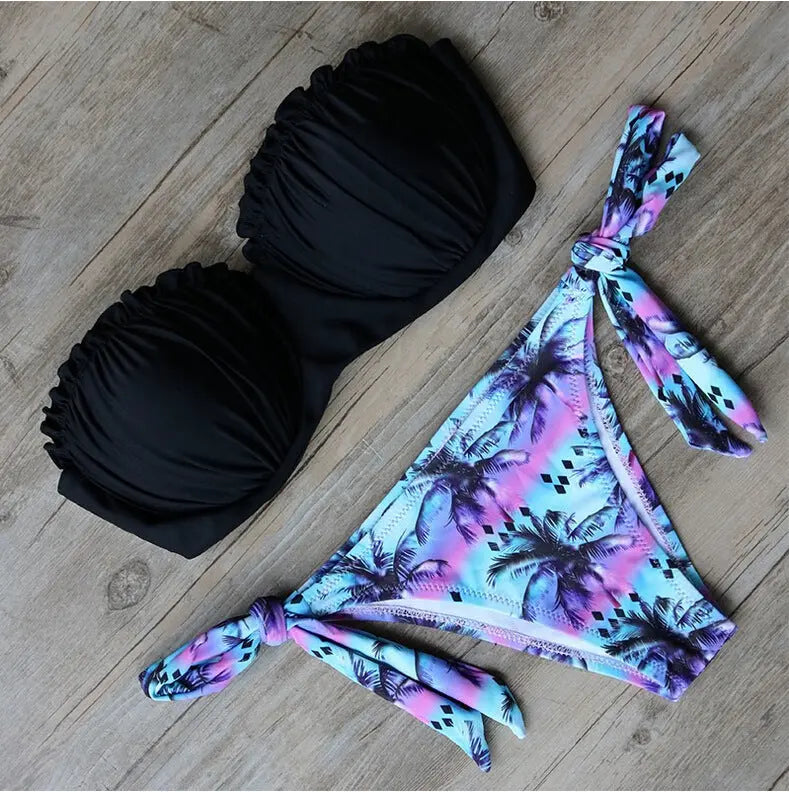 Solid top with Printed Bottom Bikini Black