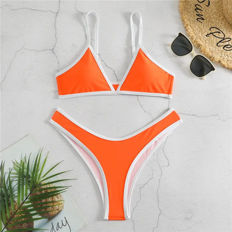 Split Solid Color Triangle Bikini Swimwear Orange