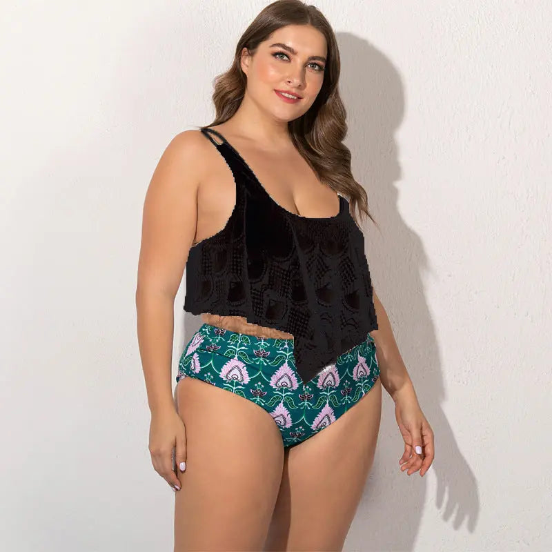 Strap Shoulder Split Plus Size Bikini Black