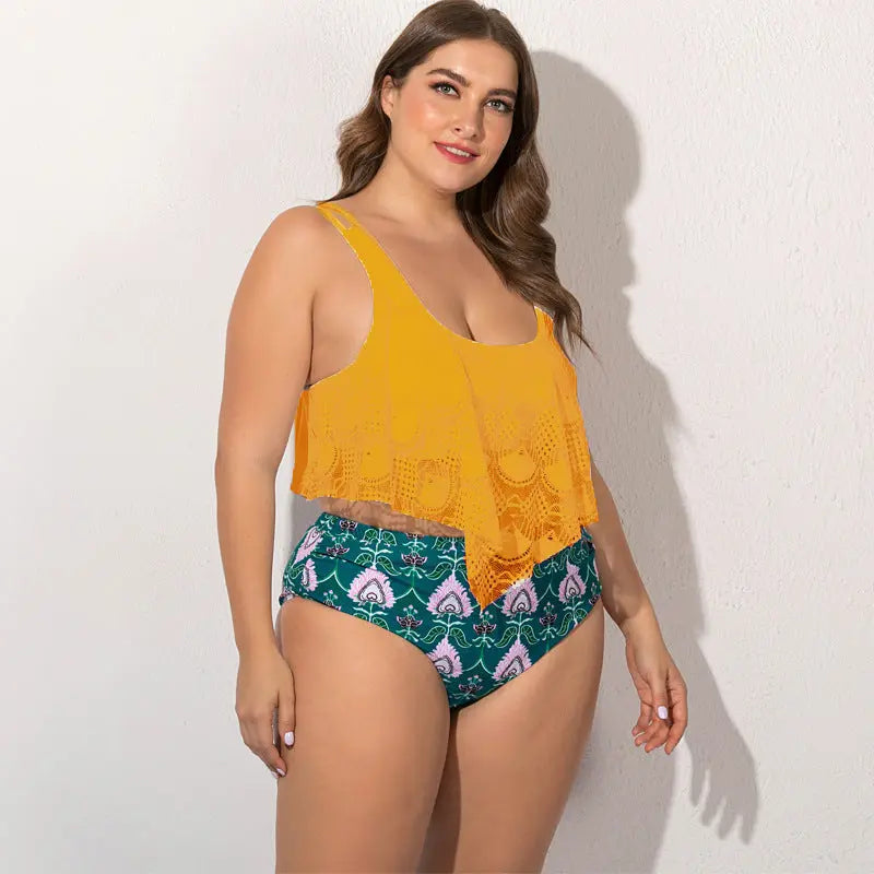 Strap Shoulder Split Plus Size Bikini Yellow