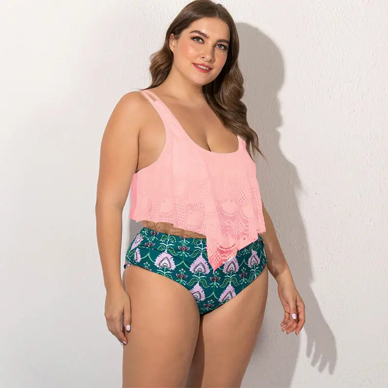 Strap Shoulder Split Plus Size Bikini Pink