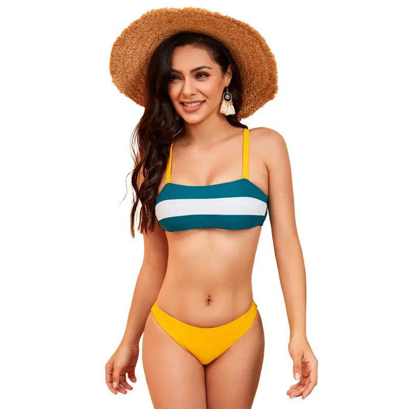 Striped Suspender Triangle Bikini Swimsuit - MESJO