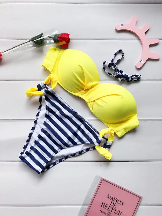 Stripped Bikini Set Push Up for Swimwear Yellow