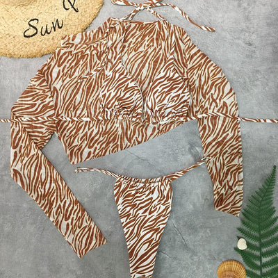 Three-Piece Bikini with Blouse top Beachwear Swimwear Coffee mesjo